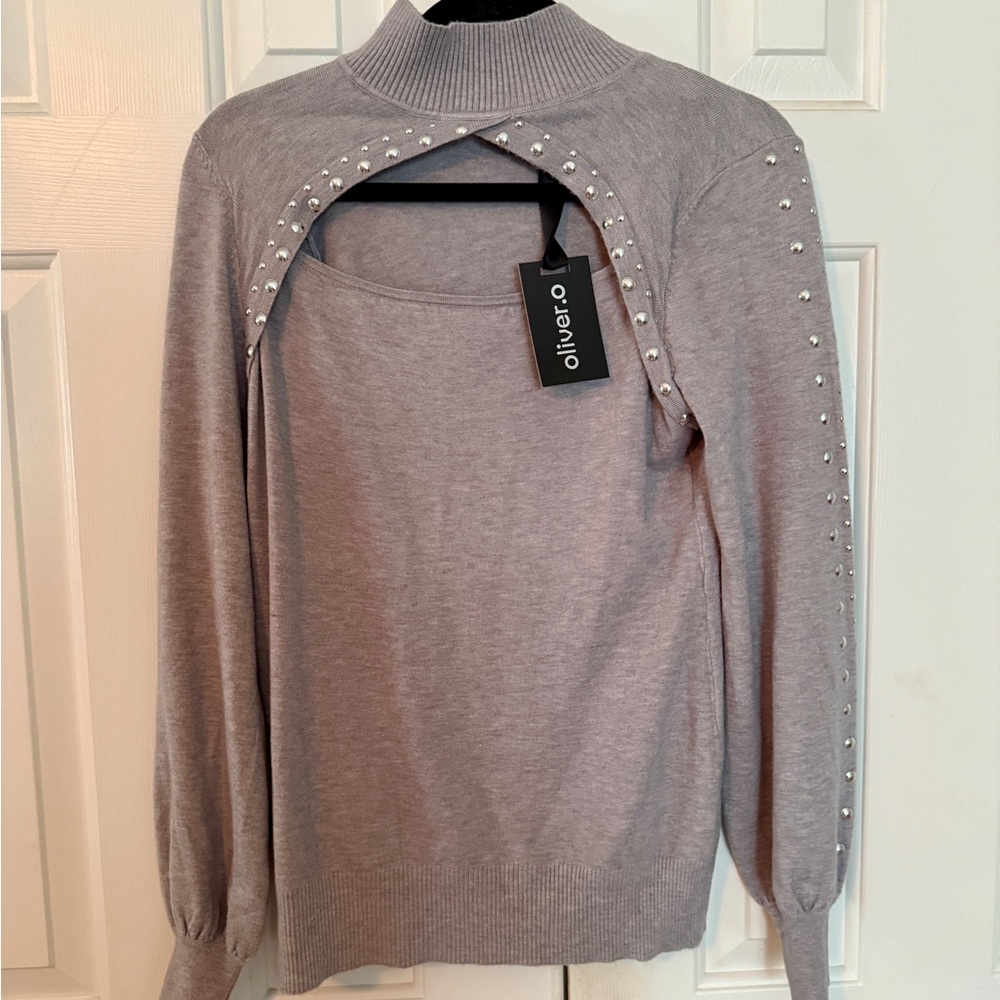 Silverwear by Erica Heather Grey Studded Mock Neck Sweater - XL NWT
